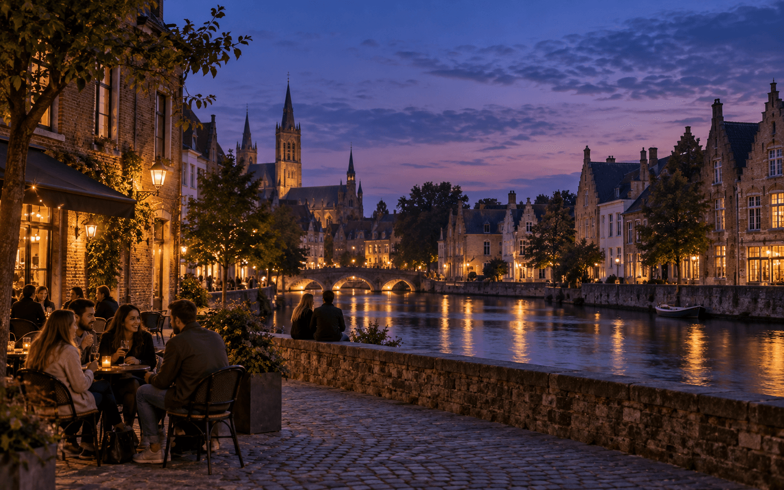 Illustrated city square at dusk