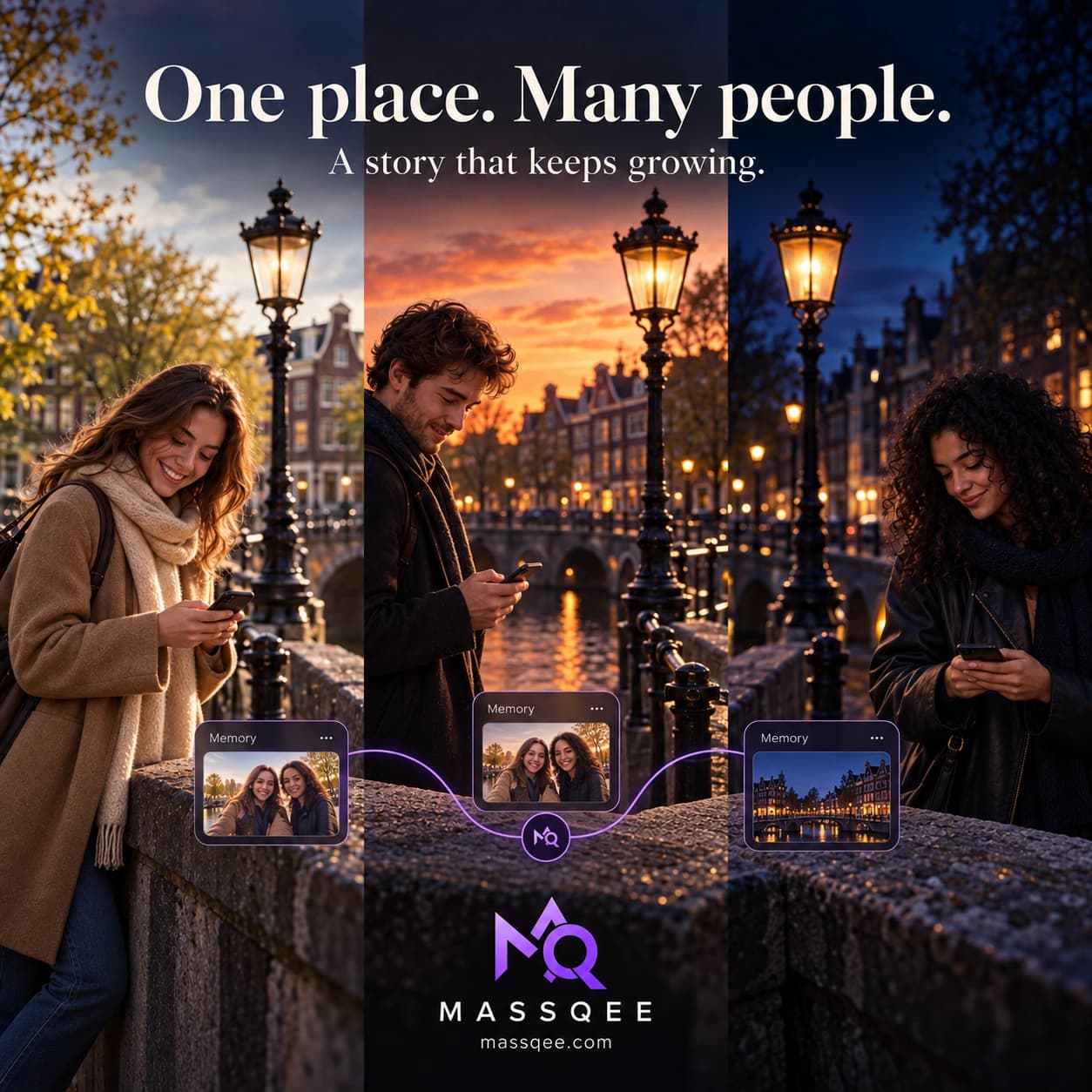 One place. Many people. Three visitors at an Amsterdam canal contribute different memories to the same MassQot.